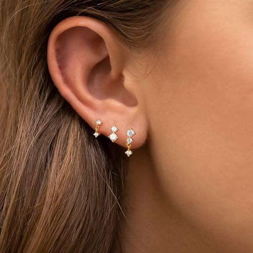 Dainty Gold Plated CZ Stud Earring Set for Women