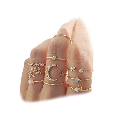 Boho Retro Rhinestone Stackable Rings Set - 10PC