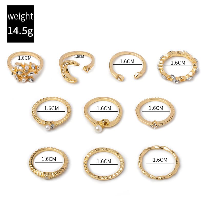 Boho Retro Rhinestone Stackable Rings Set - 10PC