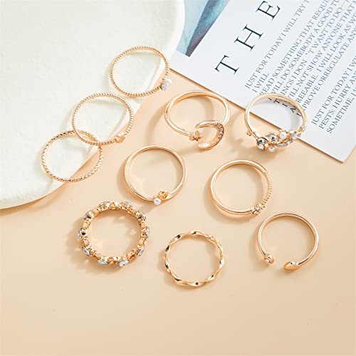 Boho Retro Rhinestone Stackable Rings Set - 10PC