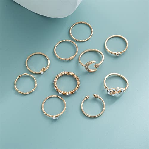 Boho Retro Rhinestone Stackable Rings Set - 10PC