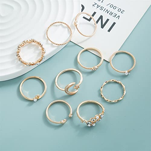 Boho Retro Rhinestone Stackable Rings Set - 10PC