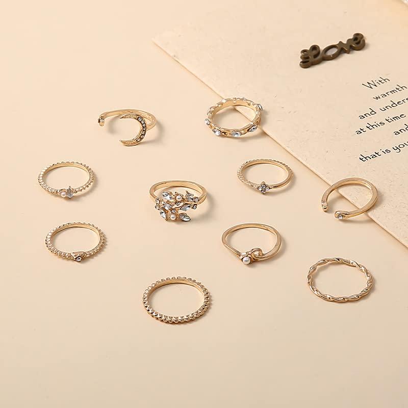 Boho Retro Rhinestone Stackable Rings Set - 10PC