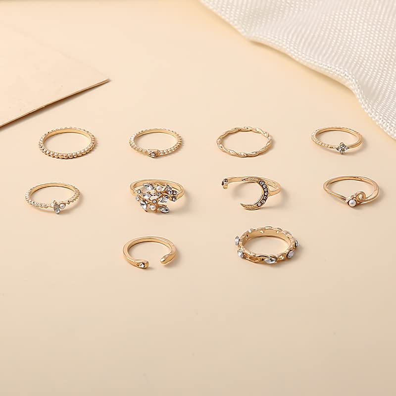 Boho Retro Rhinestone Stackable Rings Set - 10PC