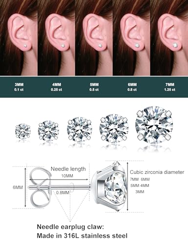 Hypoallergenic Cubic Zirconia Stud Earrings Set (5 Pairs)