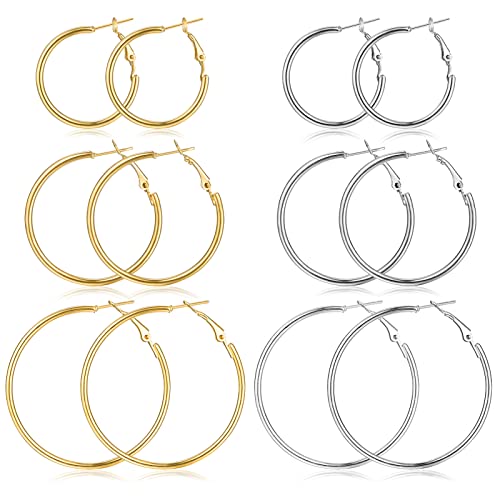 6 Pairs Stainless Steel Hoop Earrings Set - Silver, Gold