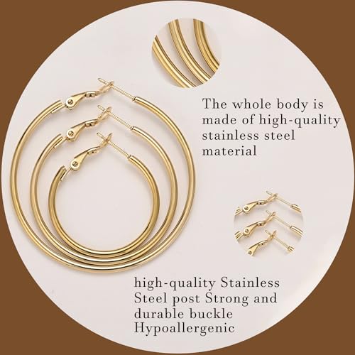 6 Pairs Stainless Steel Hoop Earrings Set - Silver, Gold