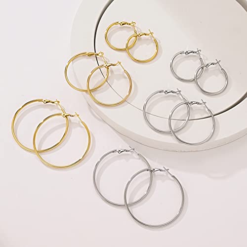 6 Pairs Stainless Steel Hoop Earrings Set - Silver, Gold