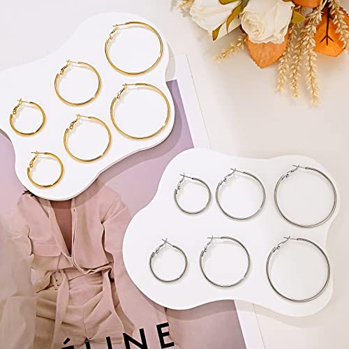 6 Pairs Stainless Steel Hoop Earrings Set - Silver, Gold