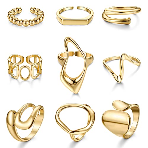 Chunky Gold Ring Set for Women - 9 Rings