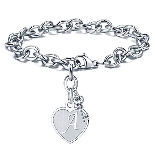 Heart Initial Charm Bracelet - Engraved Women's Jewelry