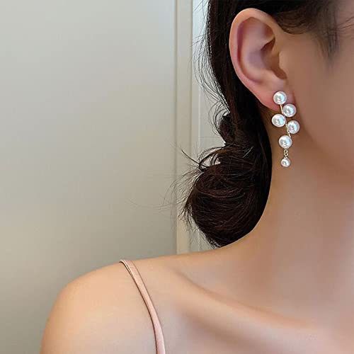 Gold chain pearl tassel statement chandelier earrings