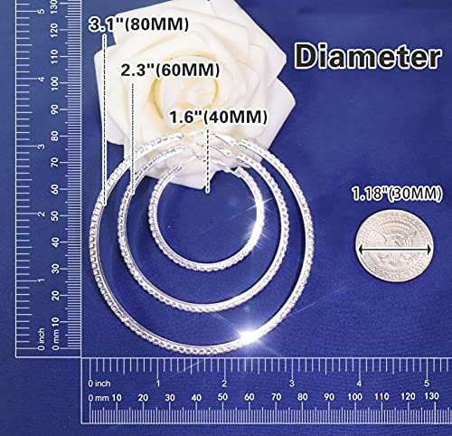 Rhinestone Silver Hoop Earrings, 80mm Big Circle Earring