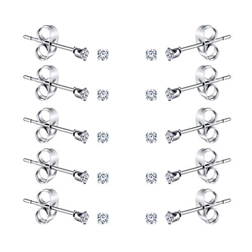 FOSIR 10 Pairs Stainless Steel CZ Stud Earrings