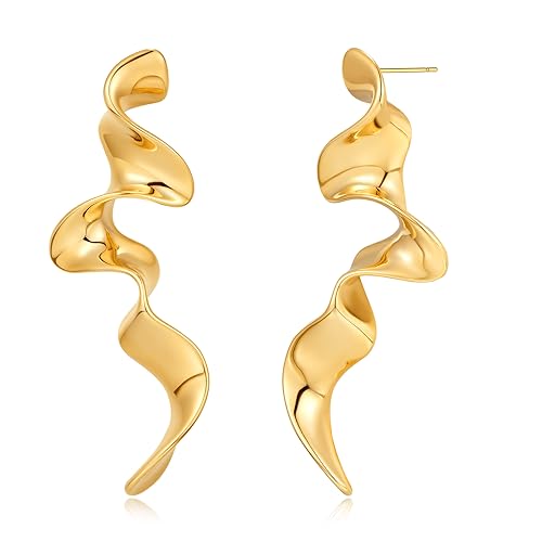 Gold Twisted Linear Curved Dangle Statement Earrings