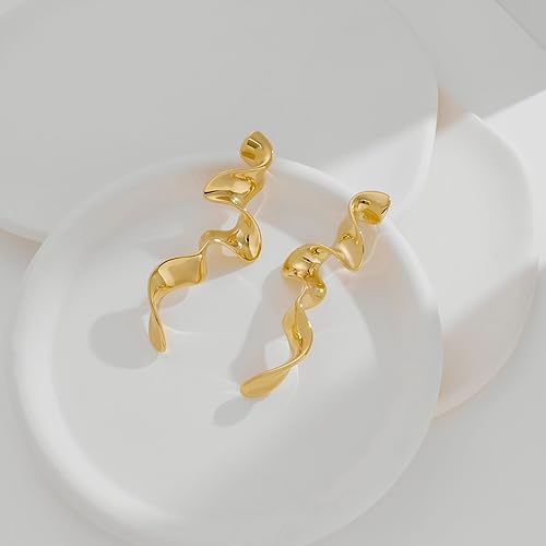 Gold Twisted Linear Curved Dangle Statement Earrings