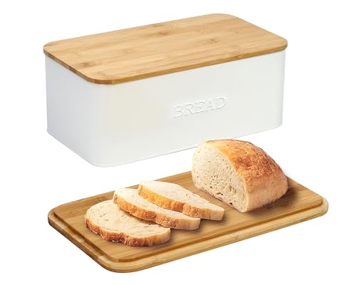 White Bread Box with Cutting Board Lid for Kitchen