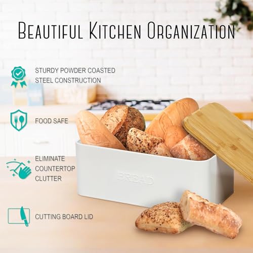 White Bread Box with Cutting Board Lid for Kitchen
