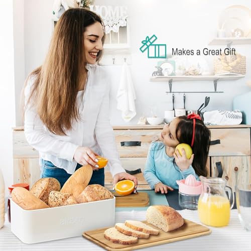 White Bread Box with Cutting Board Lid for Kitchen