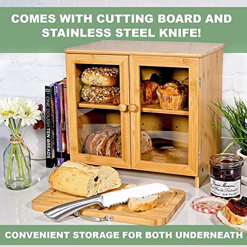 Rustic Bamboo Bread Box with Adjustable Shelf and Accessories