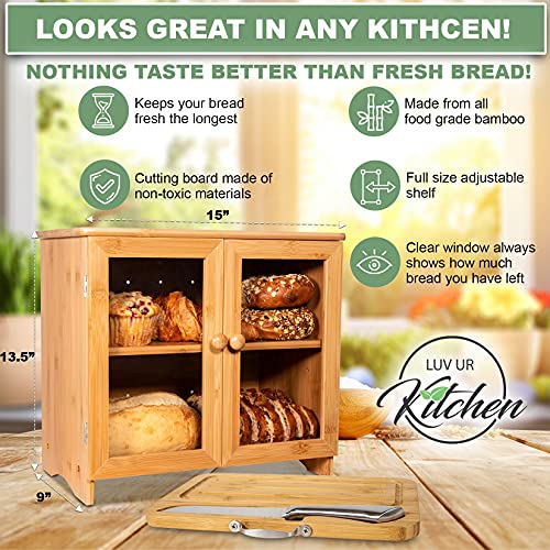 Rustic Bamboo Bread Box with Adjustable Shelf and Accessories