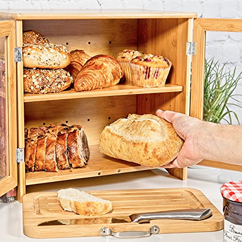 Rustic Bamboo Bread Box with Adjustable Shelf and Accessories