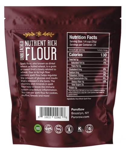 PuroRaw Whole Grain Spelt Flour, 2lbs, All Natural