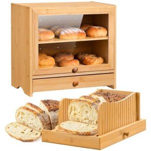 Bamboo Bread Box with Slicer and Window