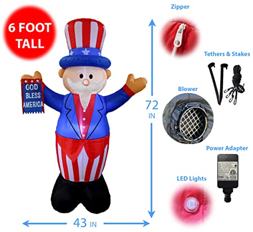 6ft Patriotic Uncle Sam Inflatable with LED Lights
