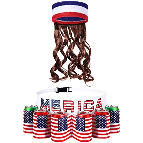 USA Flag Beer Belt and Mullet Wig Set