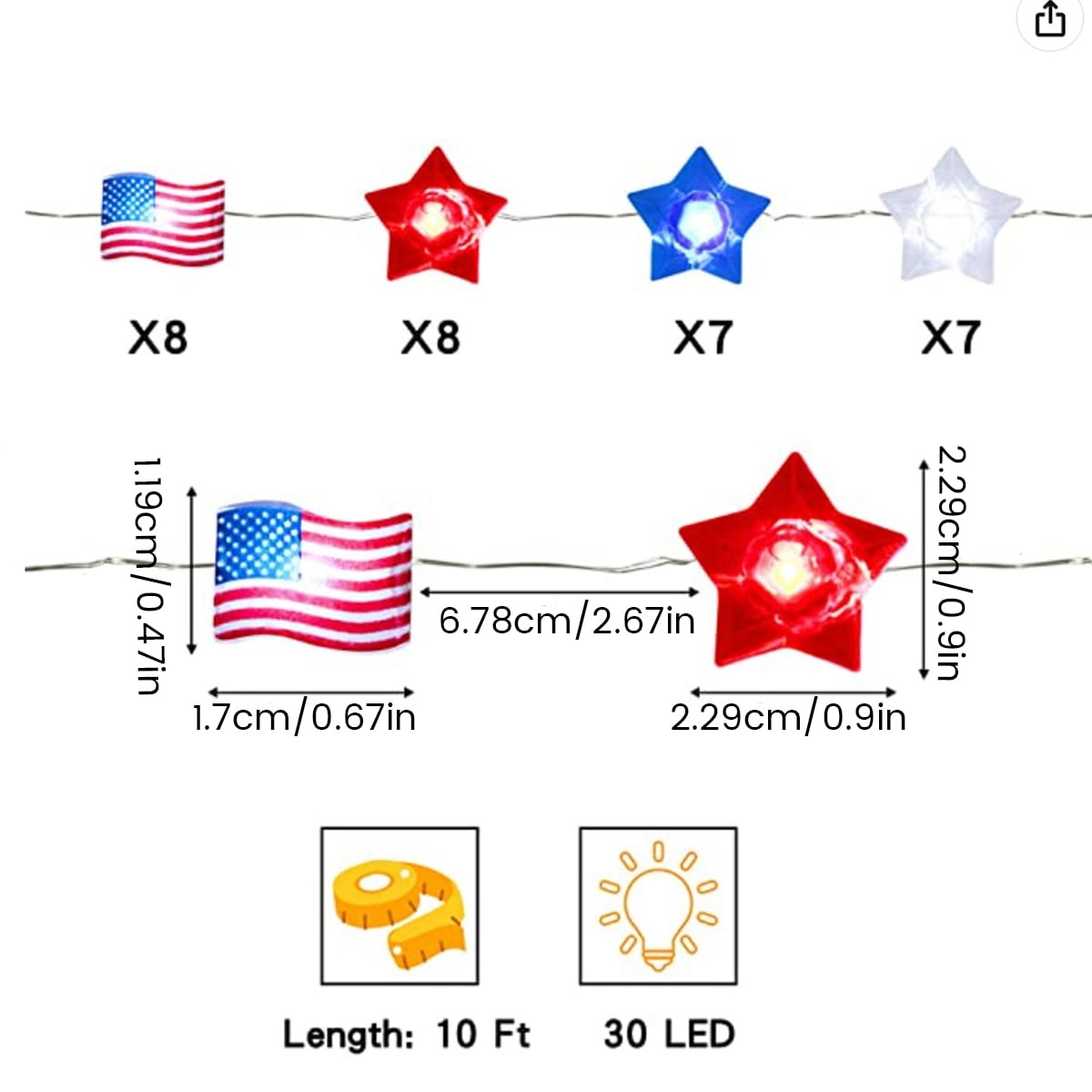 9.8ft American Flag Star String Lights