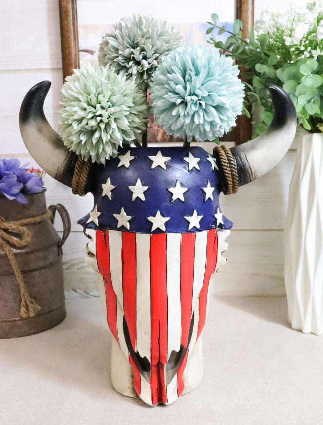 Patriotic Cow Skull Vase Planter with American Flag