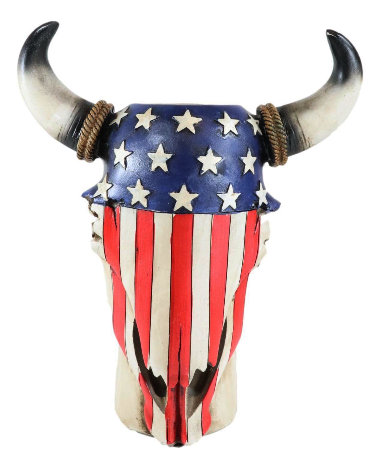 Patriotic Cow Skull Vase Planter with American Flag