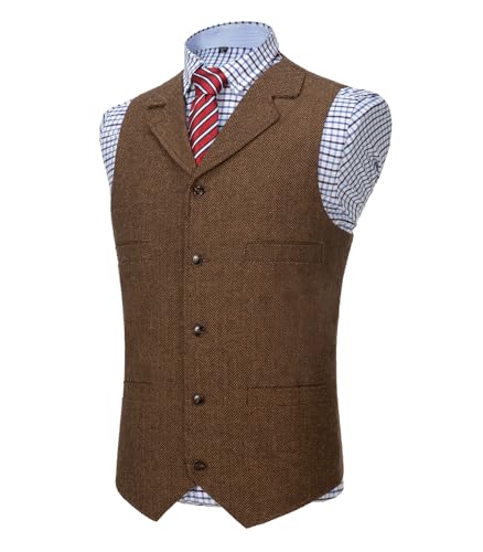 AeoTeokey Classic Mens Wool Tweed Suit Vest Casual Sleeveless Jacket Herringbone Waistcoat for Tuxedos(L,Black)