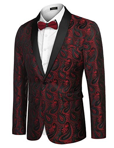 COOFANDY Mens Fashion Suit Paisley Jackets Slim Fit Blazer One Button Tuxedo Jacket Retro Dinner Smart Coat Laple Wine L