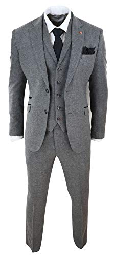 Mens 3 Piece Wool Suit Herringbone Tweed Dark Grey Formal Classic 1920s Wedding - Dark-Grey 48