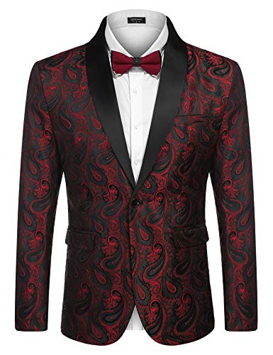 COOFANDY Mens Fashion Suit Paisley Jackets Slim Fit Blazer One Button Tuxedo Jacket Retro Dinner Smart Coat Laple Wine L