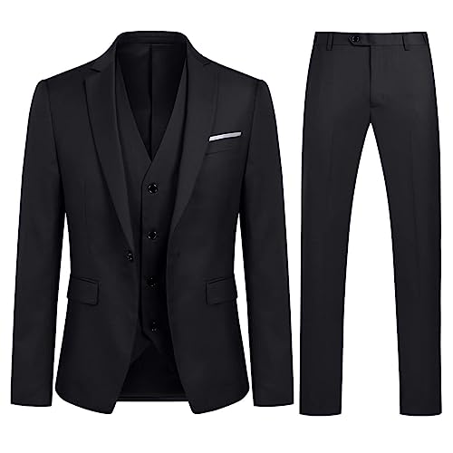 Mens Suits 3 Piece Slim Fit Wedding Formal Tuxedo One Button Close Blazers Jacket Waistcoat Trousers Black S