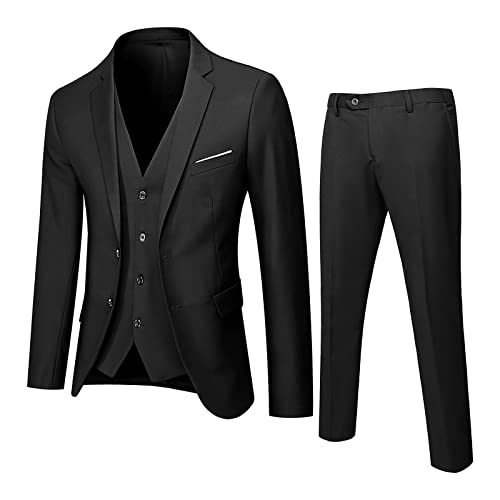 MVTEX Mens Work Suits 3 Pieces Slim Fit Suit Two Button Business Prom Formal Suit Blazers Jackets Vests Pants Set S-6XL A-Black