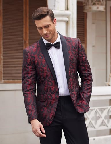 COOFANDY Mens Fashion Suit Paisley Jackets Slim Fit Blazer One Button Tuxedo Jacket Retro Dinner Smart Coat Laple Wine L