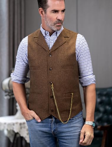 AeoTeokey Classic Mens Wool Tweed Suit Vest Casual Sleeveless Jacket Herringbone Waistcoat for Tuxedos(L,Black)