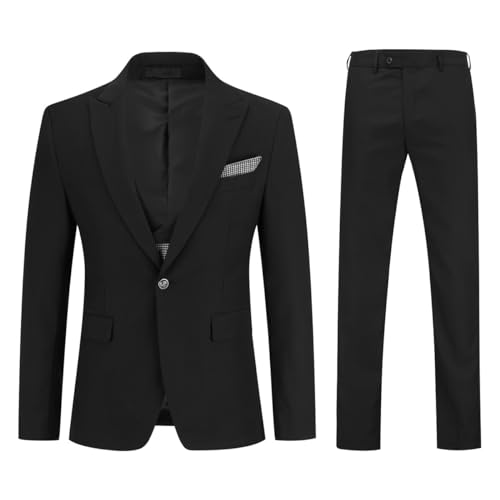 YOUTHUP Men's Slim Fit 3 Piece Suit Business Wedding Tuxedo Peak Lapel Blazer Waistcoat Pants and Pocket Square Black, L