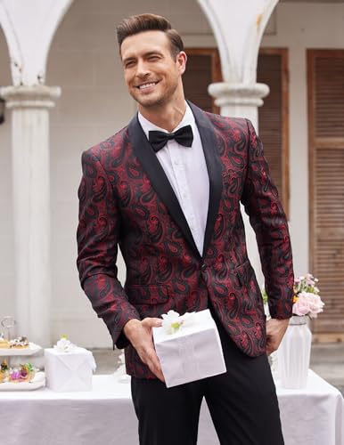 COOFANDY Mens Fashion Suit Paisley Jackets Slim Fit Blazer One Button Tuxedo Jacket Retro Dinner Smart Coat Laple Wine L