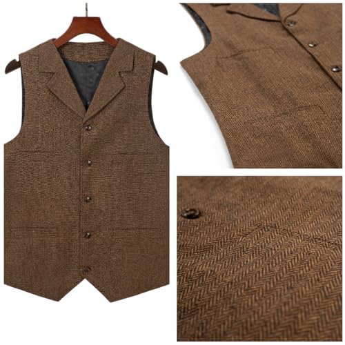 AeoTeokey Classic Mens Wool Tweed Suit Vest Casual Sleeveless Jacket Herringbone Waistcoat for Tuxedos(L,Black)