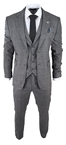 Mens Classic 3 Piece Suit Prince of Wales Check Grey Tailored Fit Vintage Wedding - Grey 52
