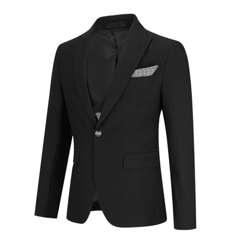 YOUTHUP Men's Slim Fit 3 Piece Suit Business Wedding Tuxedo Peak Lapel Blazer Waistcoat Pants and Pocket Square Black, L