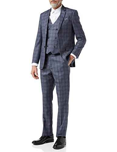 Mens 3 Piece Grey Check Suit Retro Vintage Smart Tailored Fit Classic Formal[Hector,Grey,UK/US 46 EU 56,Trouser 40"]