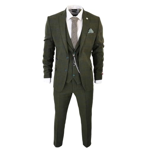 Men's 3 Piece Suit Wool Tweed Green Blue Brown Check 1920s Gatsby Formal Dress Suits - Olive 40