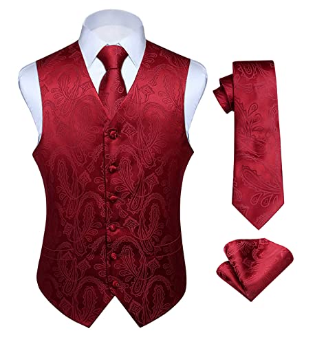 Hisdern Men's Paisley Floral Jacquard Waistcoat&Necktie and Pocket Square Vest Suit Set, Burgundy, M(Chest 44inches)