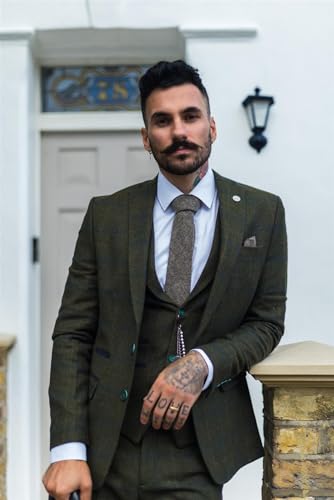 Men's 3 Piece Suit Wool Tweed Green Blue Brown Check 1920s Gatsby Formal Dress Suits - Olive 40